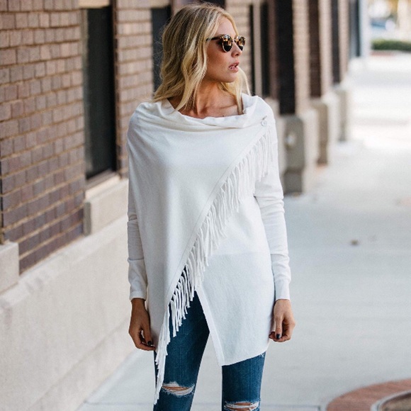 Fringe Trim Cowl Neck Wrap Style Sweater Ivory - Picture 4 of 7